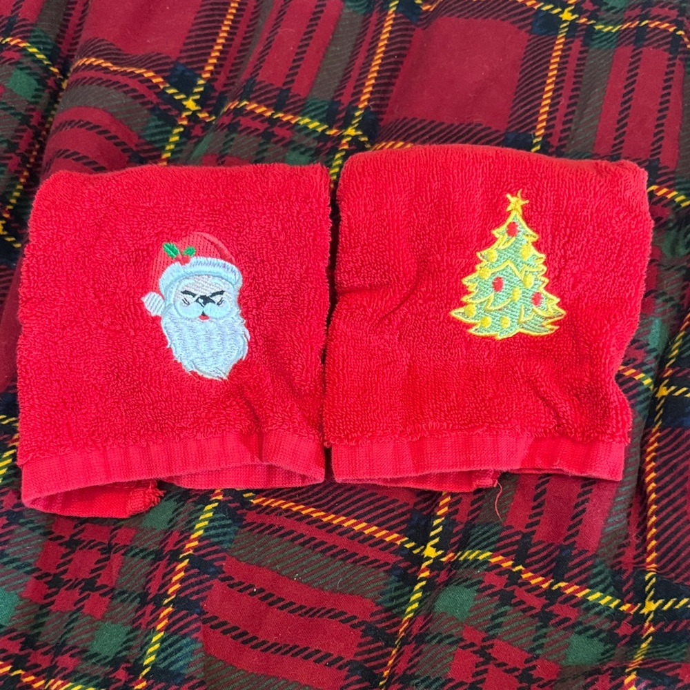 Festive Red Hand Towels with Santa and Christmas Tree